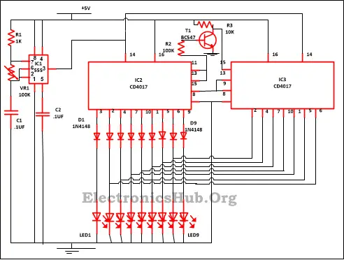 9 LED Knight Rider Circuit Diagram